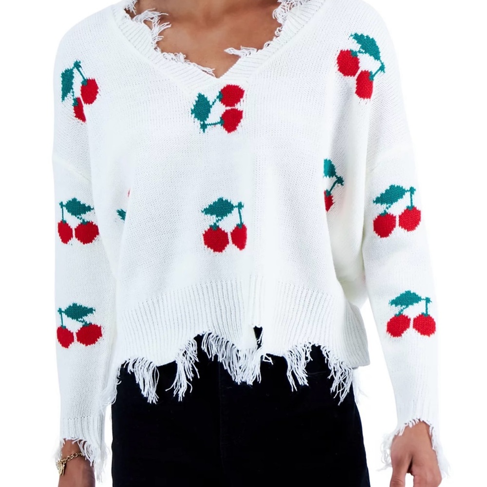 NWT Just Polly Frayed V-Neck Cherry Sweater Size M